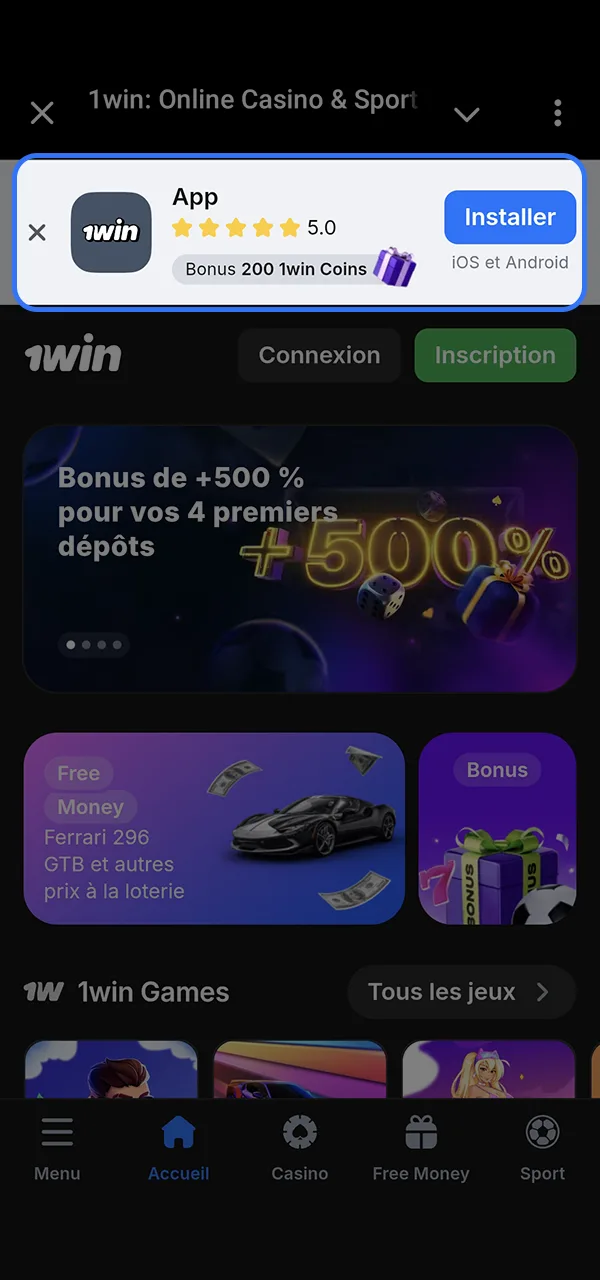 Suivez les étapes indiquées dans les instructions et installez l'application 1win sur votre appareil.