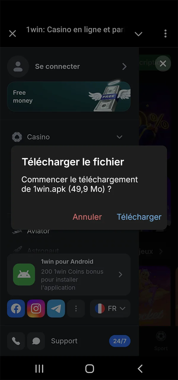Téléchargez l'application 1win et accédez aux jeux et aux paris.