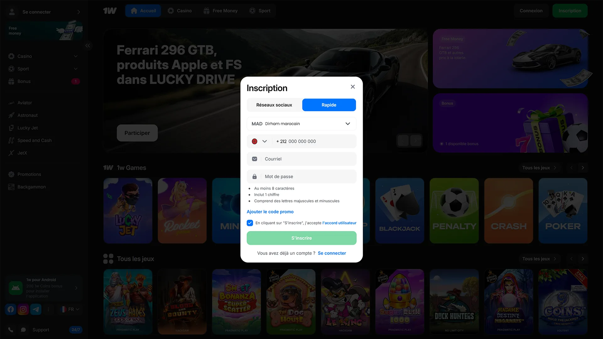 Créez votre compte sur le site 1win.