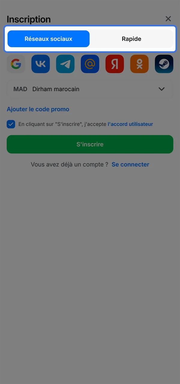 Choisissez votre mode d'inscription sur 1win.