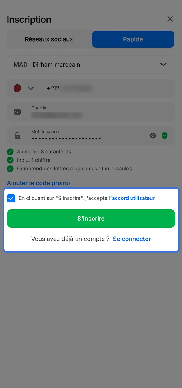 Acceptez les conditions avant l'inscription et jouez sur 1win.