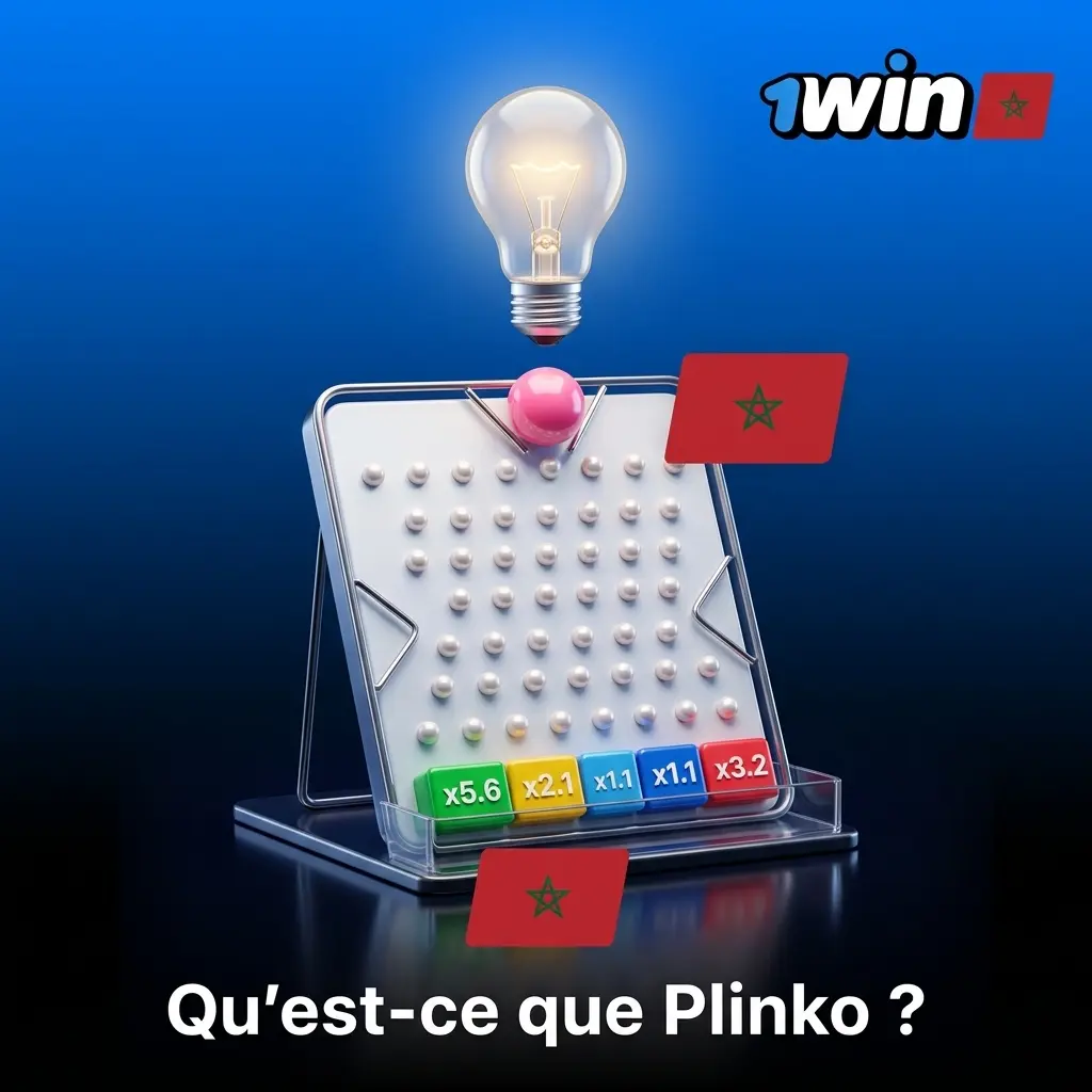 Bille tombant sur pyramide de picots du jeu Plinko 1win avec multiplicateurs de gains au Maroc