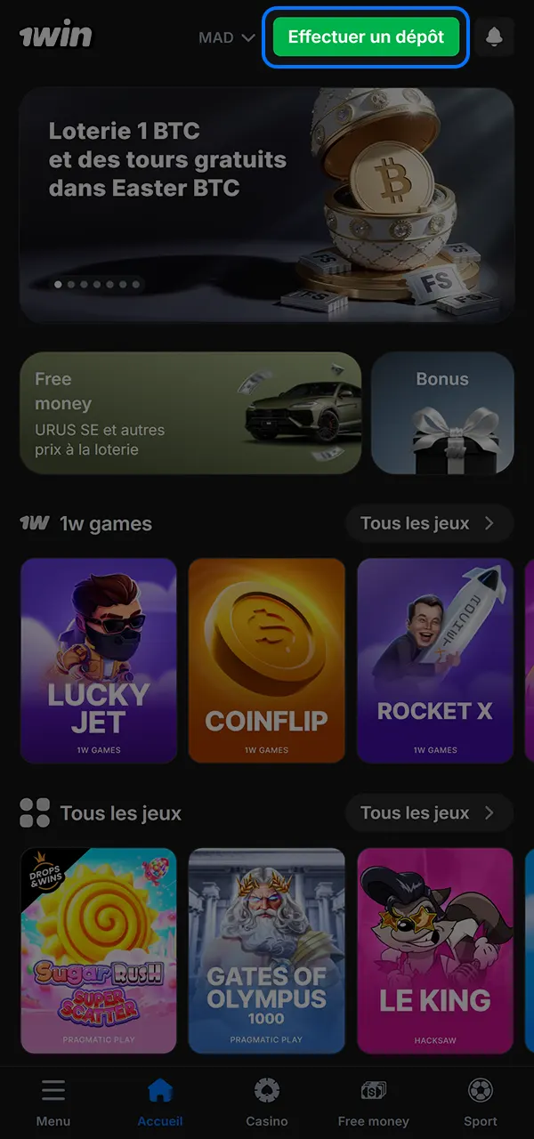 Approvisionnez votre compte pour pouvoir saisir le code promotionnel sur 1win.