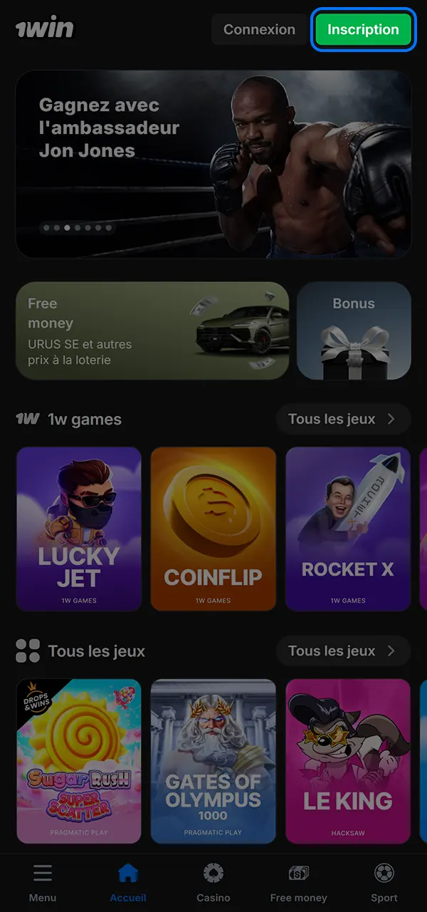 Remplissez le formulaire d'inscription pour bénéficier d'un bonus sur 1win.